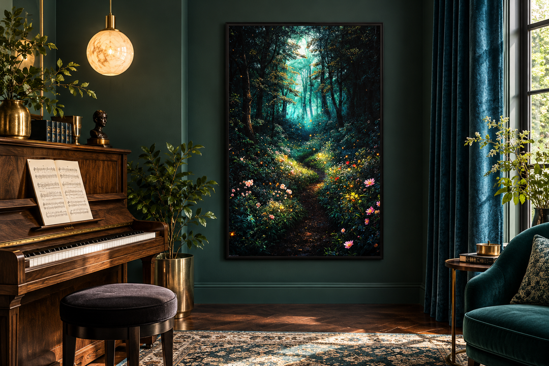 Enchanted Forest With Mystical Lights Framed Canvas Wall Art in a dark green music room.