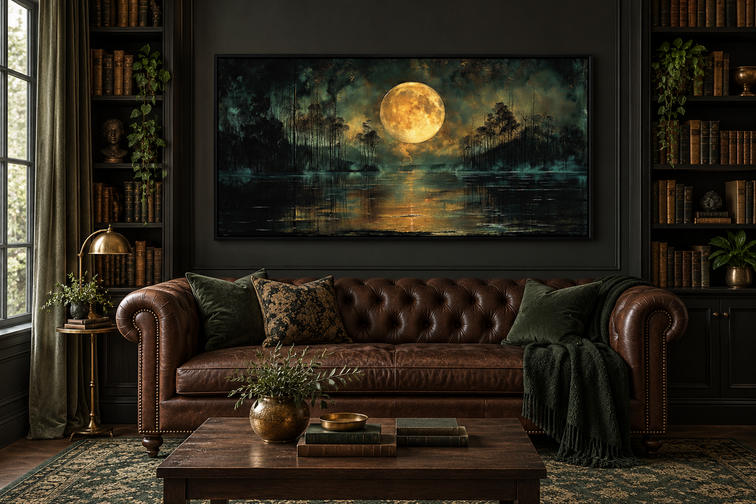 Gothic wall art of a full yellow moon over a dark lake, framed in a moody library setting.