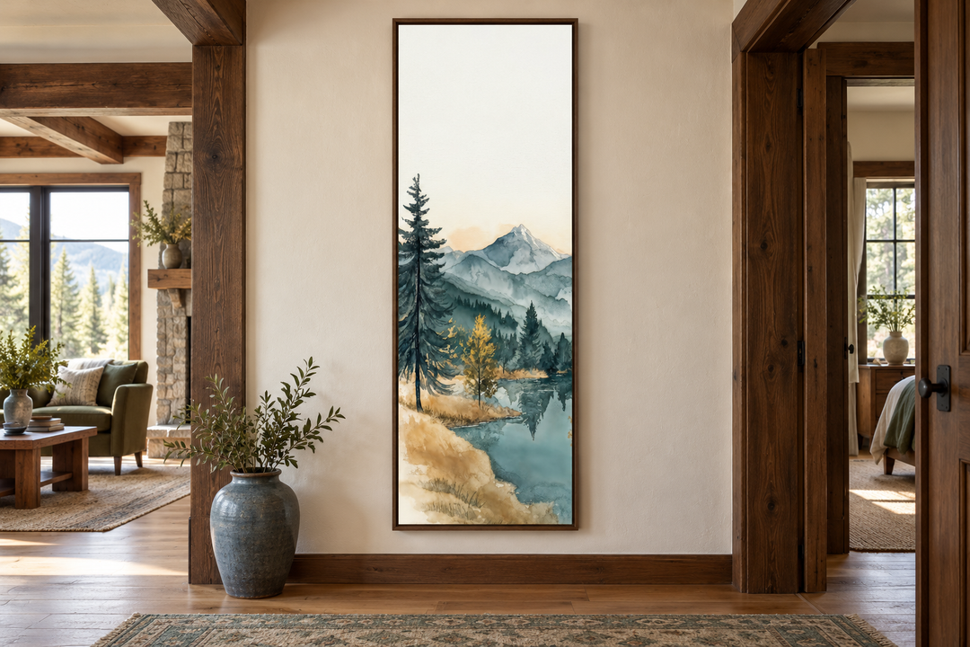 Toile murale verticale haute et étroite représentant un lac de montagne.