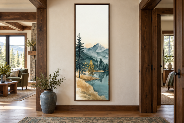 Toile murale verticale haute et étroite représentant un lac de montagne.