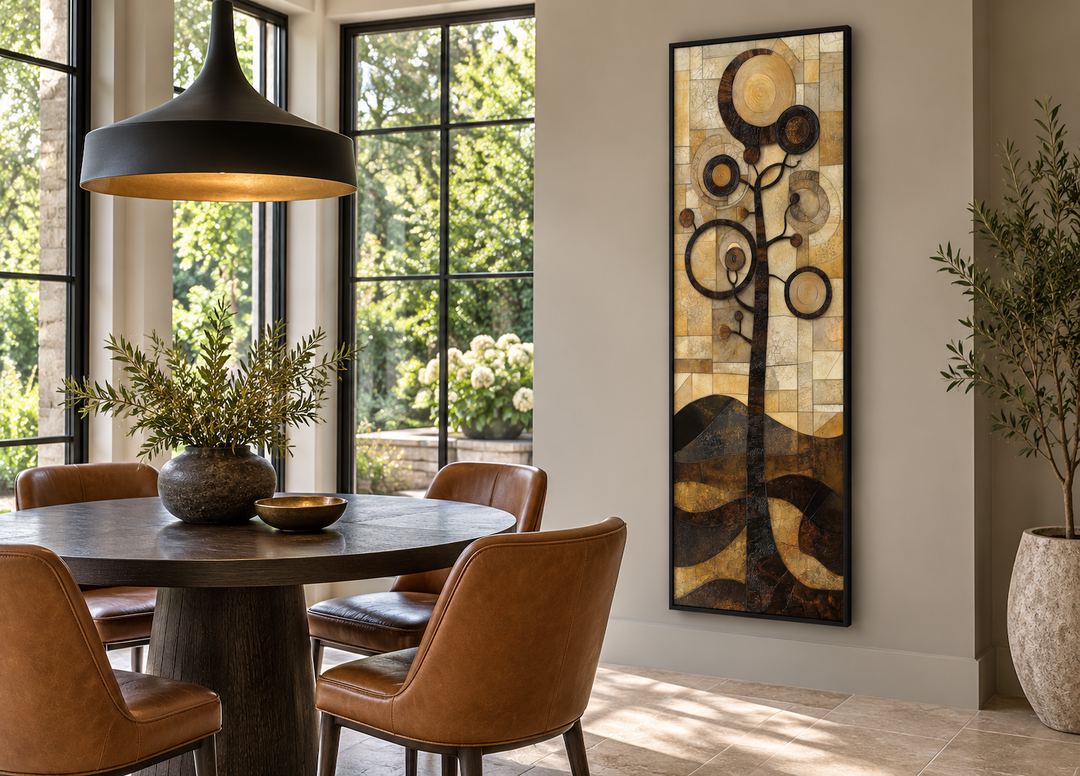Tall vertical mid-century modern tree canvas wall art with geometric gold and black circular foliage.