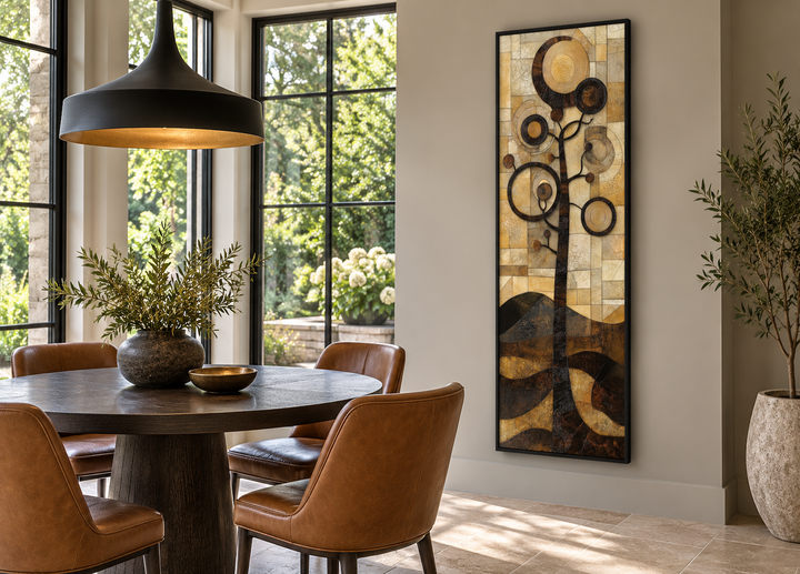 Tall vertical mid-century modern tree canvas wall art with geometric gold and black circular foliage.
