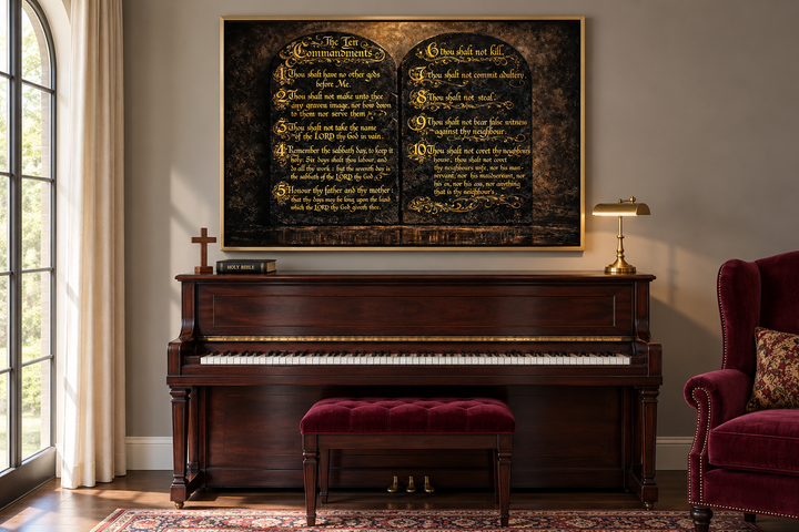 Dark gold Ten Commandments canvas wall art in a gold frame above a dark wood piano.