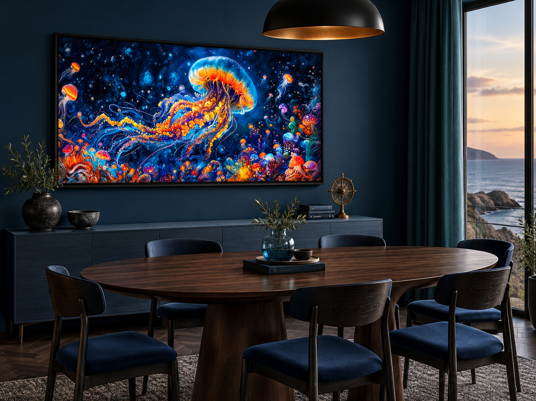 Underwater Scene With Trippy Jellyfish Framed Canvas Wall Art in a dark blue dining room.