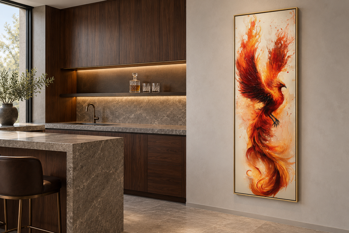 Tall narrow framed canvas wall art featuring a fiery orange and beige phoenix in a modern home bar.
