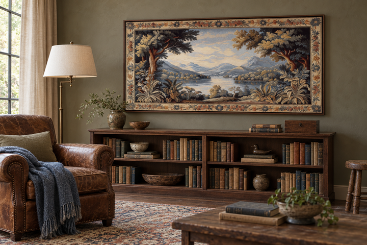 Antique river landscape framed tapestry canvas wall art hanging above a wooden bookshelf.