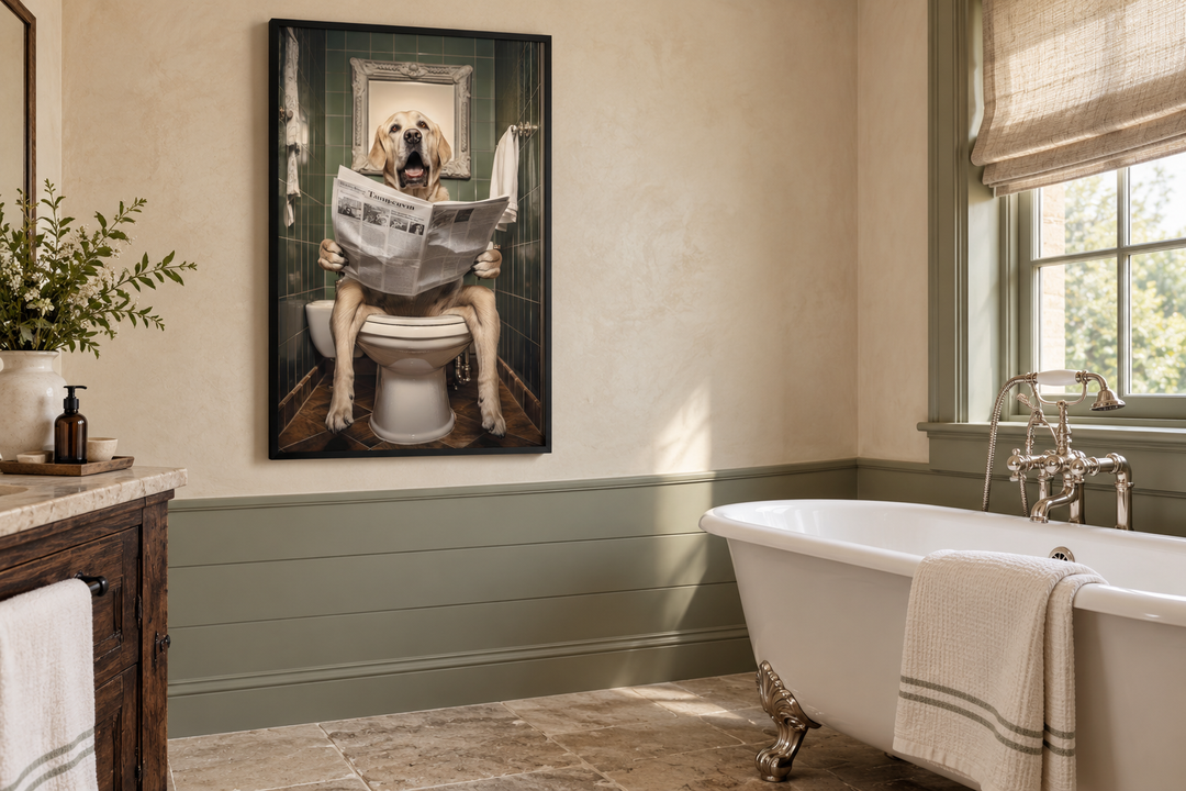 Framed wall art of a white Labrador Retriever sitting on a toilet reading a newspaper in a bathroom.