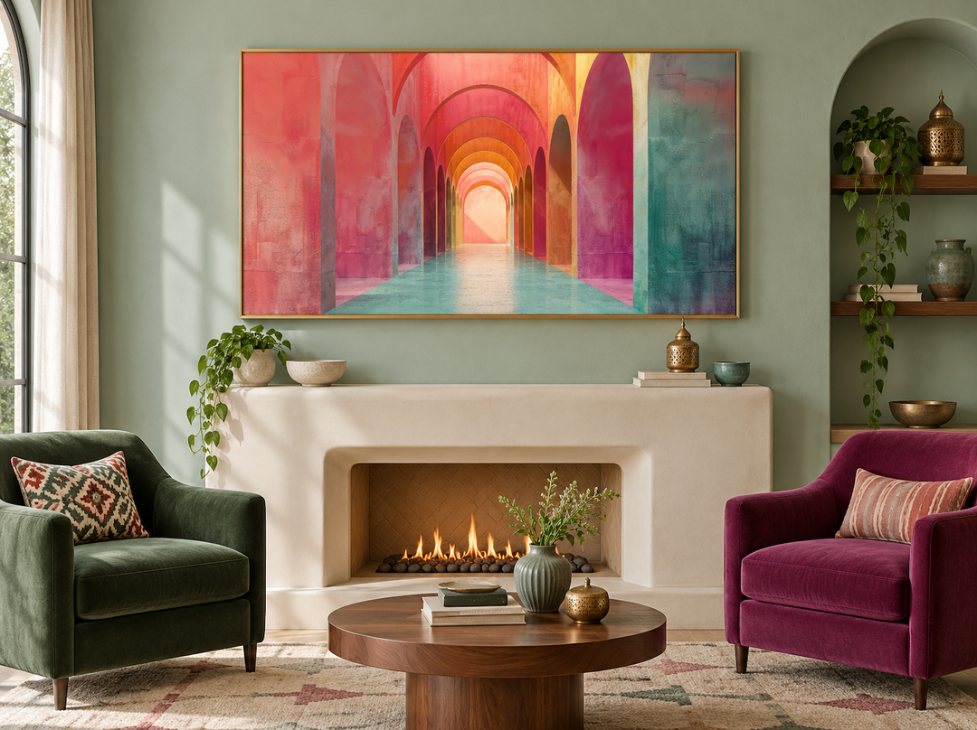Mediterranean archways wall art in a gold frame above a fireplace between green and pink armchairs.