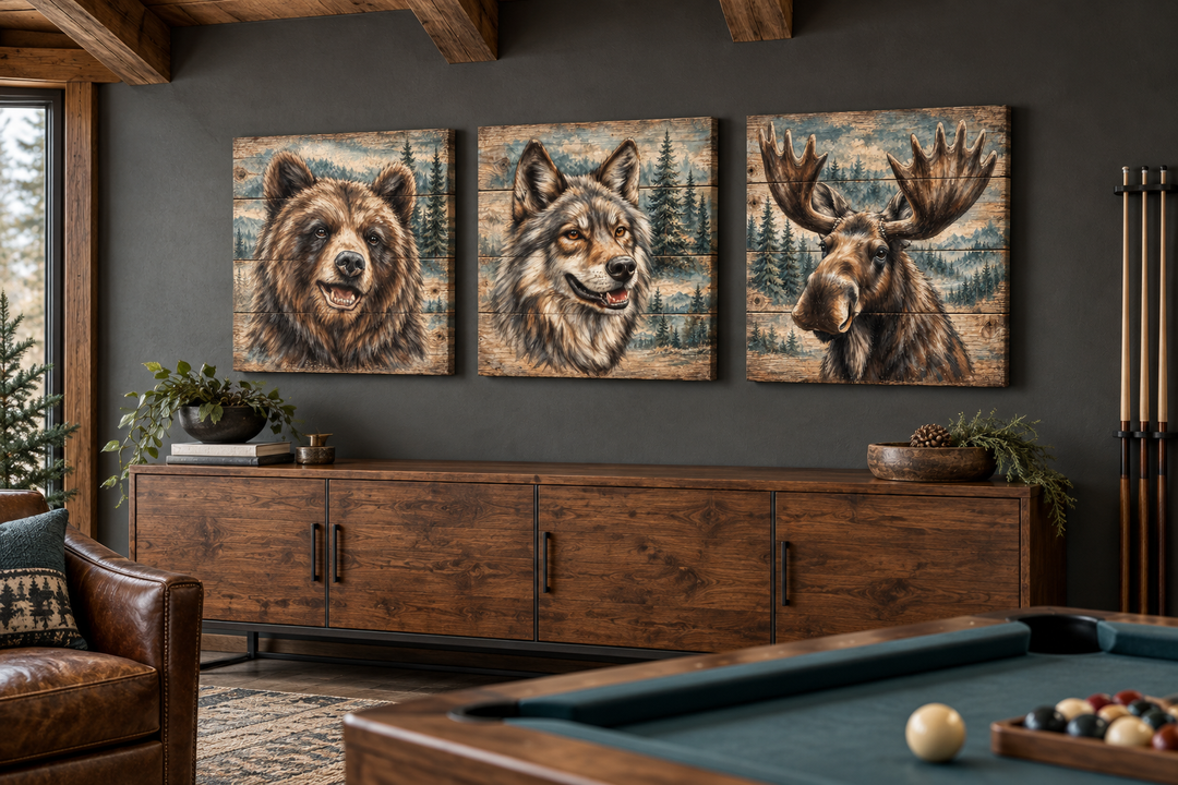 Three rustic wood-style canvas prints of a bear, wolf, and moose above a wooden sideboard.