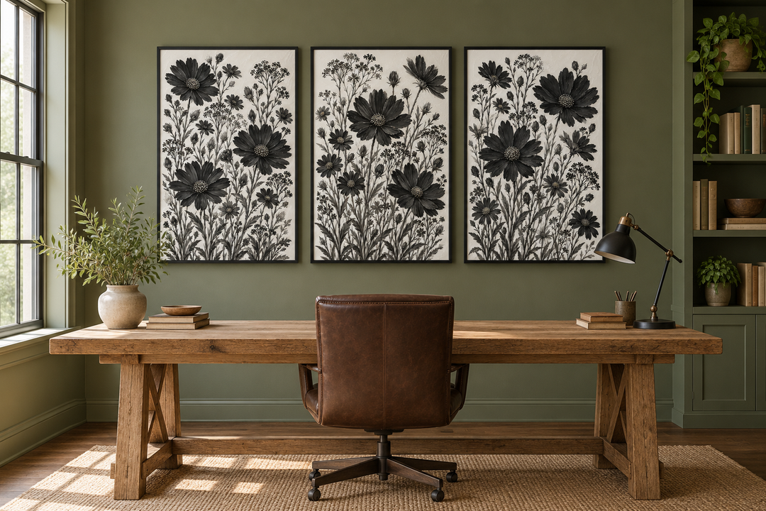 Set of 3 black and white wildflower canvas prints in black frames above a rustic wooden desk.