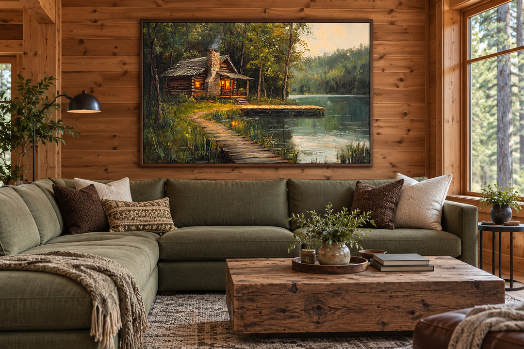 Cabin On The Lake Framed Canvas Wall Art hanging above a green sectional in a rustic wooden room.