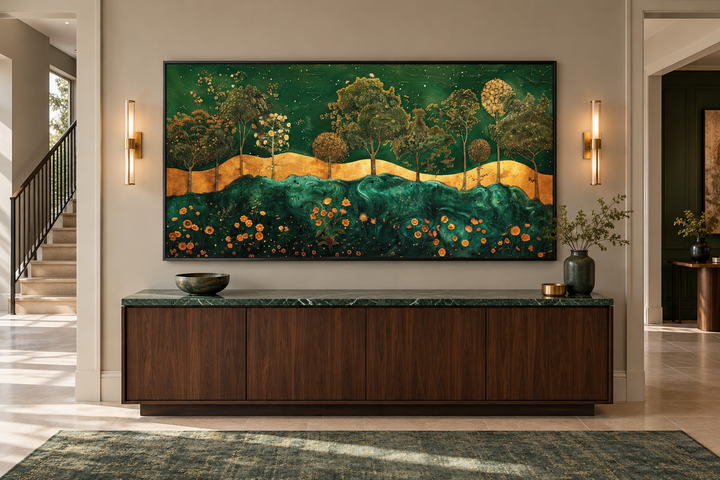 Emerald green and gold Art Nouveau framed canvas print with tree motif above a dark wood sideboard.