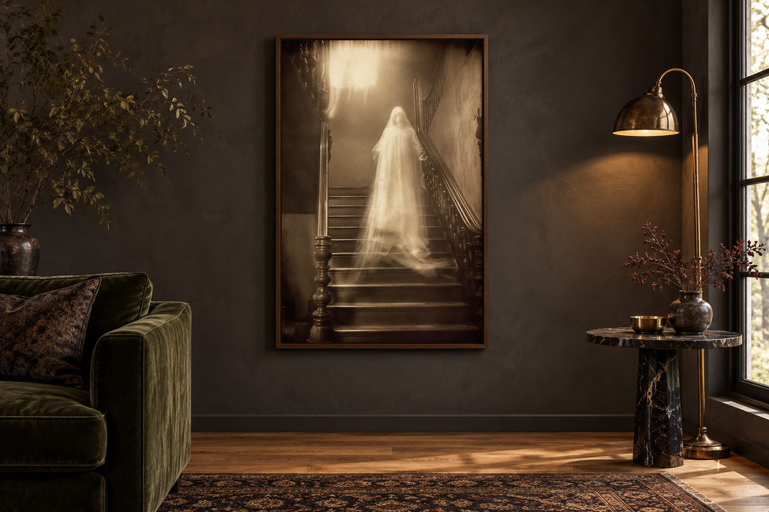 Ghost on stairs in haunted house photograph framed canvas wall art in a dark, moody living room.