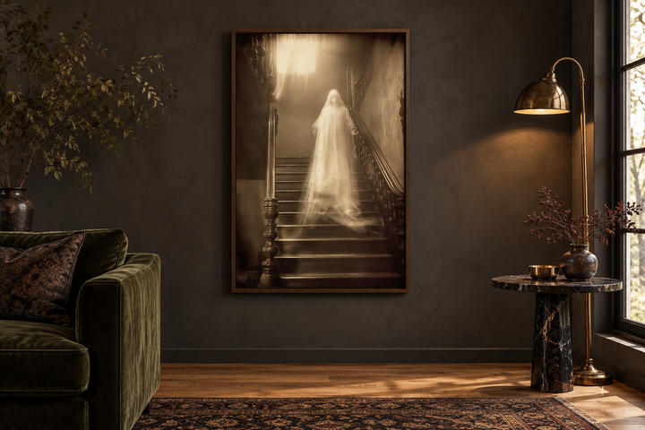 Ghost on stairs in haunted house photograph framed canvas wall art in a dark, moody living room.