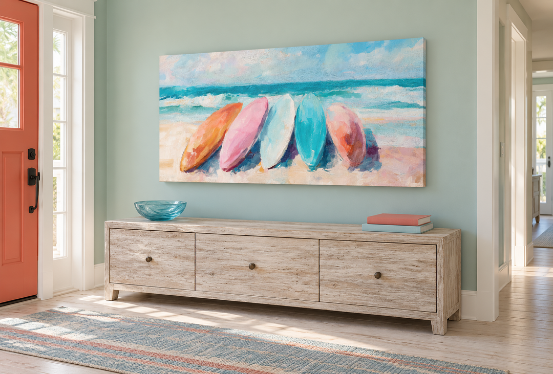 Coastal canvas wall art featuring pastel surfboards on a beach, hung above a wooden entryway console.