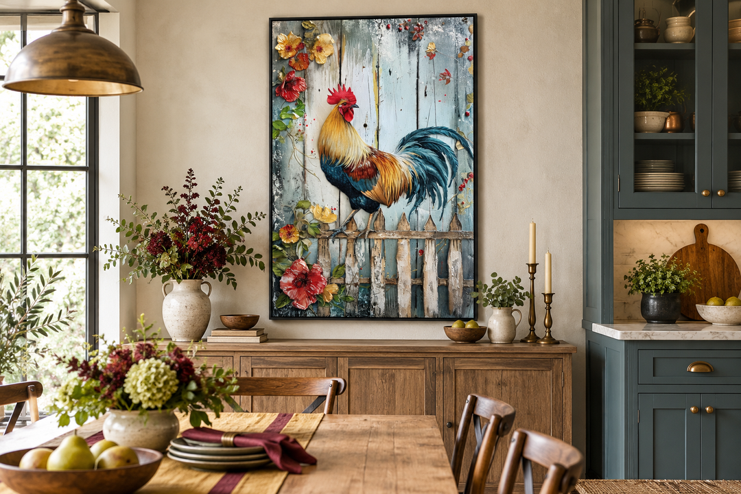 Rooster On The Fence Rustic Farmhouse Framed Canvas Wall Art in a dining room setting.