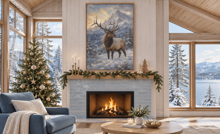 Elk in Snowy Mountains Framed Canvas Wall Art displayed above a fireplace in a winter cabin.