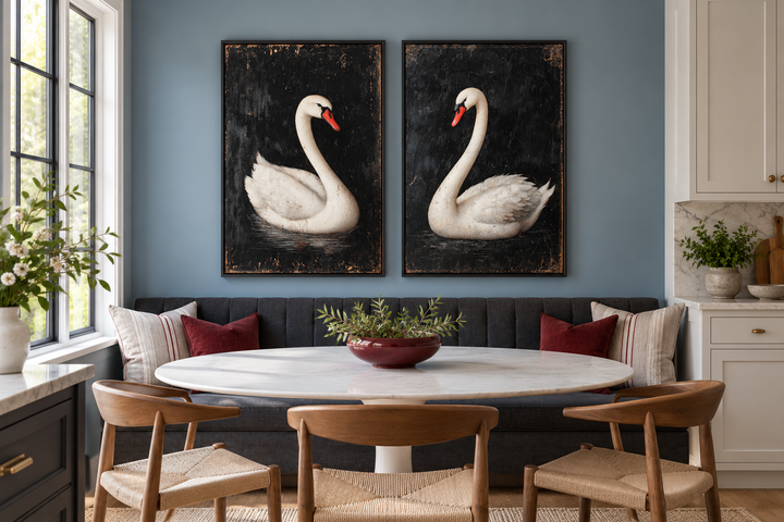 Set of 2 framed canvas wall art pieces featuring antique white swans on a black background.