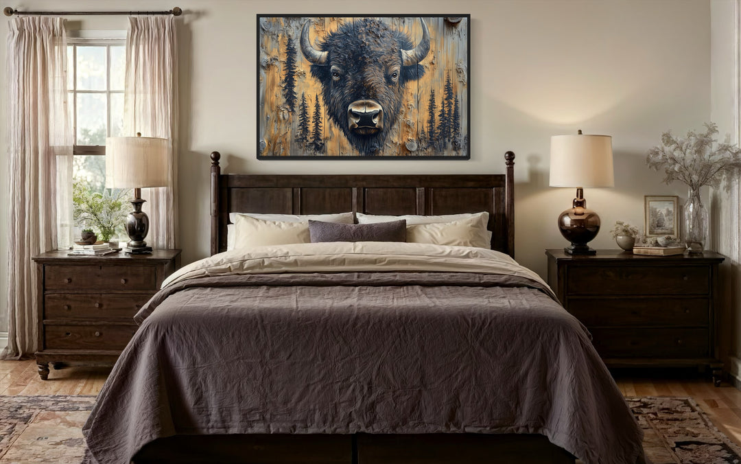 American Buffalo Portrait On Wood Rustic Framed Canvas Wall Art in rustic cabin bedroom