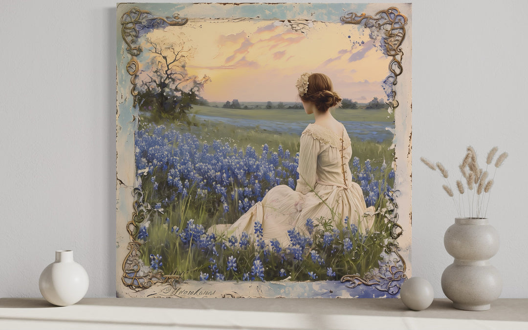 Vintage Lady in Bluebonnet Field Rustic Canvas Wall Art close up