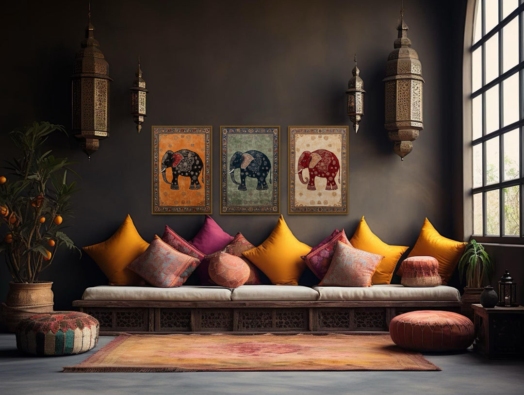 Indian Madhubani Elephant Canvas Wall Art Set of 3