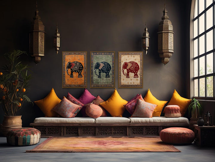 Indian Madhubani Elephant Canvas Wall Art Set of 3