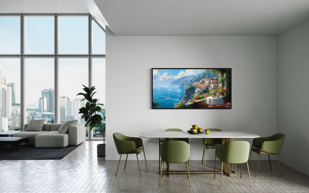 Amalfi Coast Window View Framed Canvas Wall Art in a dining room with a view of the city