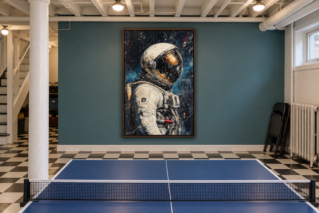 Astronaut Graffiti Framed Canvas Wall Art in a walnut frame on a teal wall in a game room.