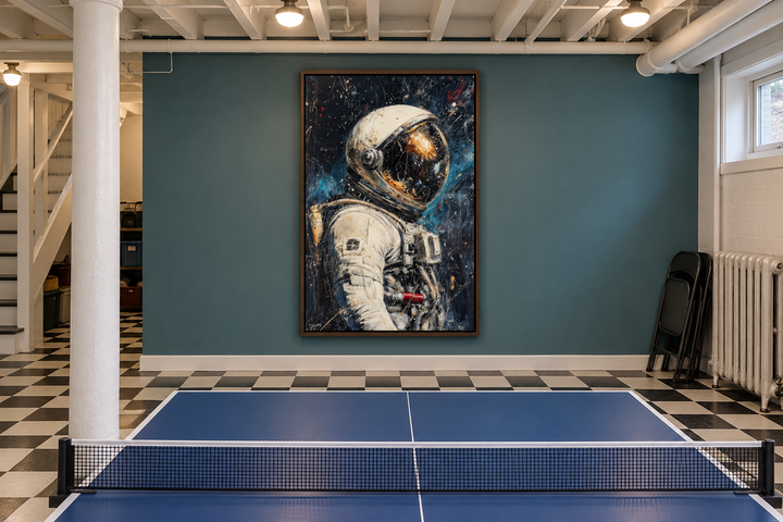 Astronaut Graffiti Framed Canvas Wall Art in a walnut frame on a teal wall in a game room.