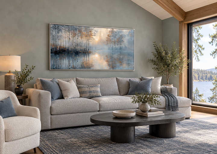 Birch Trees Wall Art, a silver and gold forest landscape canvas in a modern living room.