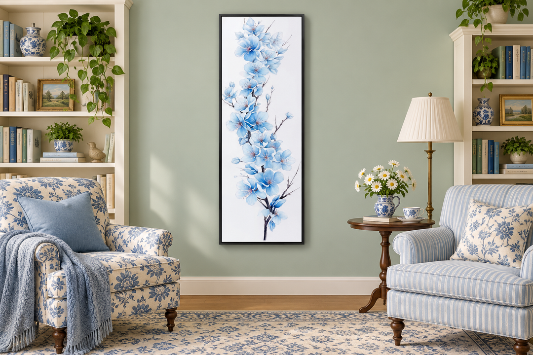 Vertical narrow canvas wall art featuring blue watercolor sakura blossoms on a white background.