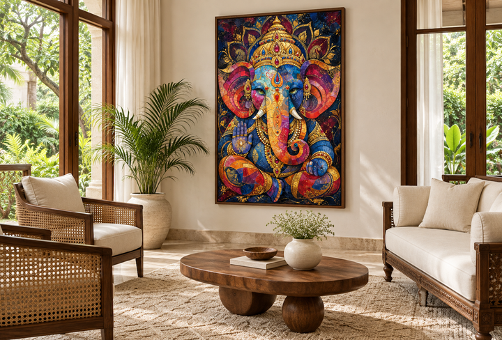 Colorful modern Lord Ganesha framed canvas wall art in a bright, sunlit living room.