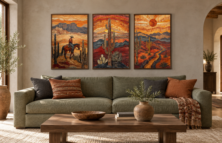 3 piece southwestern canvas wall art set with a cowboy, saguaro cactus, and Arizona desert landscape.