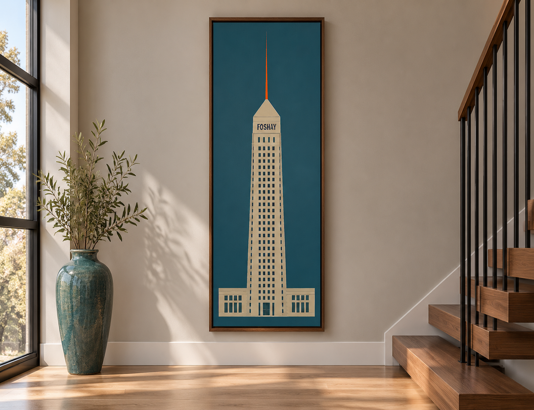 Narrow vertical wall art of the Foshay Tower in a minimalist style, framed on a neutral wall.