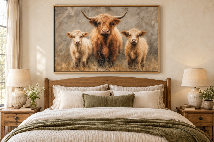 Highland Cow and Two Calves canvas wall art in a wooden frame above a cozy farmhouse bed.