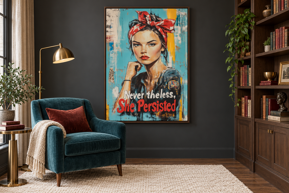 Rosie the Riveter canvas wall art with "Nevertheless, She Persisted" text in a dark home library.