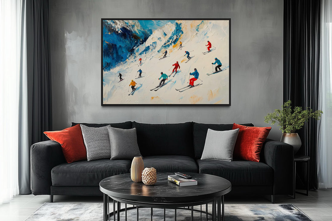 Colorful Skiers on Mountain Slope Framed Canvas Wall Art