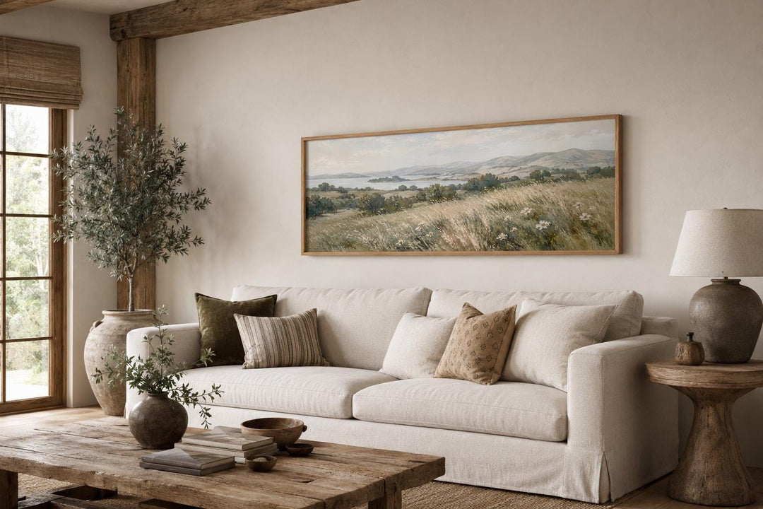 Farmhouse Grass Field Wall Art – Long Horizontal Canvas | Neutral Landscape Decor