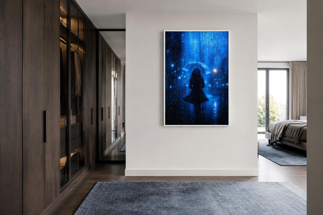 Woman silhouette walking in rain with umbrella canvas wall art in a modern bedroom hallway.