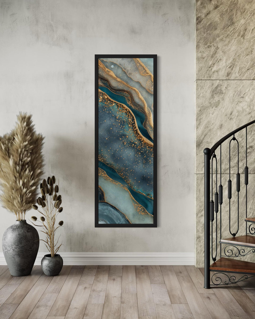 Tall Narrow Vertical Marble Inspired Abstract Teal Blue Gold Canvas Print
