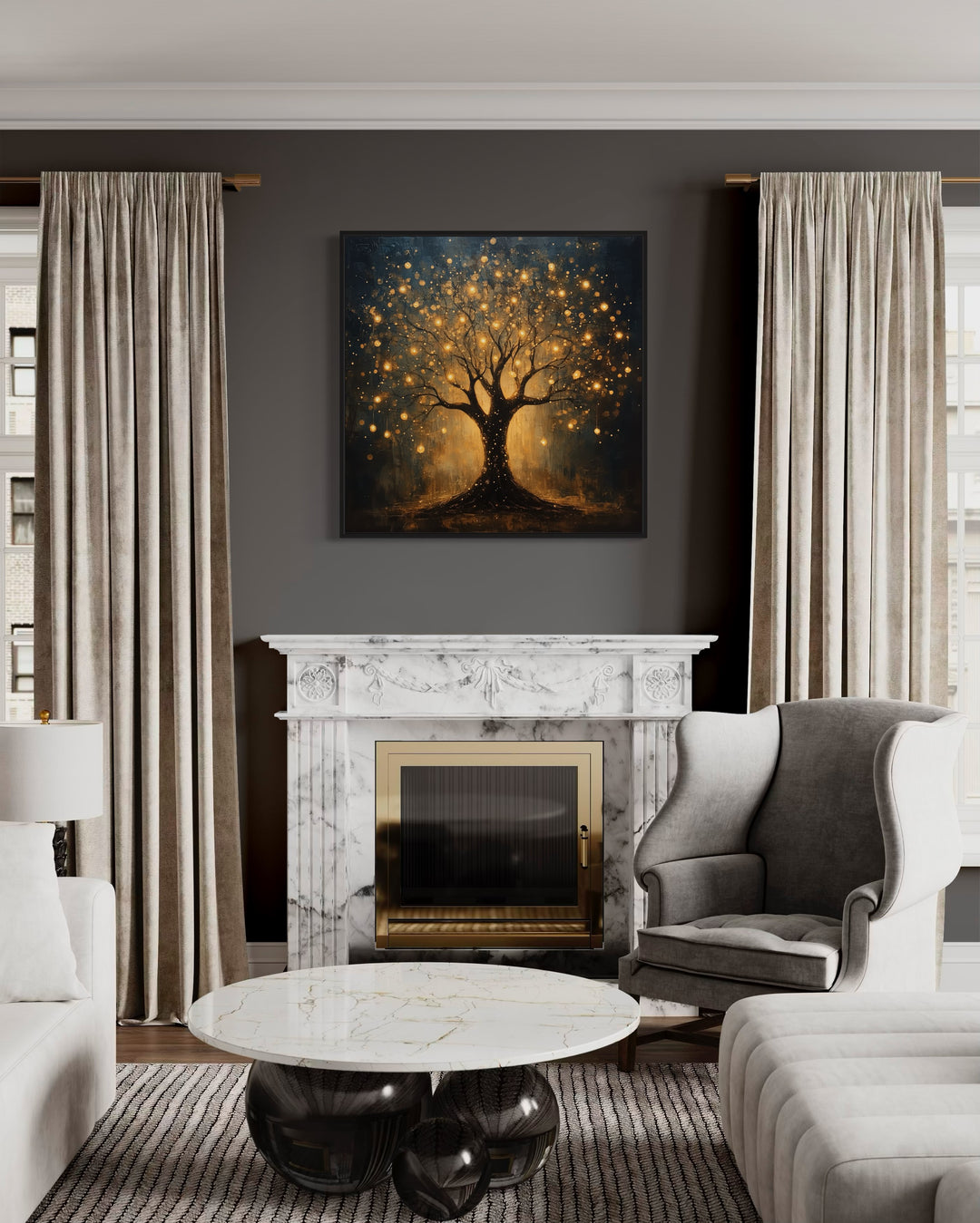 Enchanted Black Gold Tree With Magical Lights Framed Canvas Wall Art