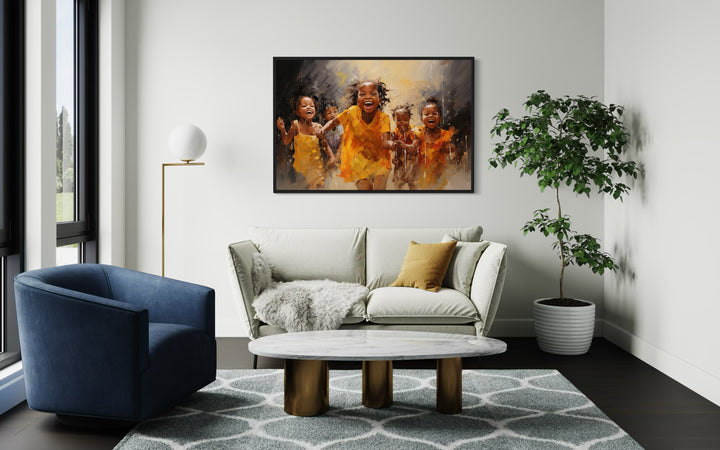 Happy African Kids Playing Framed Canvas Wall Art in a living room filled with furniture