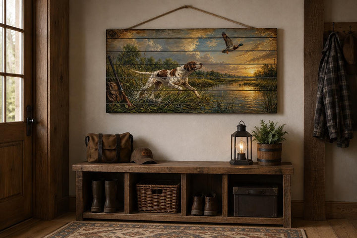 Hunting dog chasing a duck at sunset on distressed wood wall art in a rustic cabin mudroom.