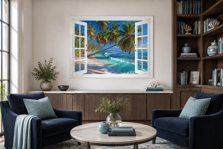 Window view canvas wall art of a tropical beach with palm trees and turquoise ocean waves.