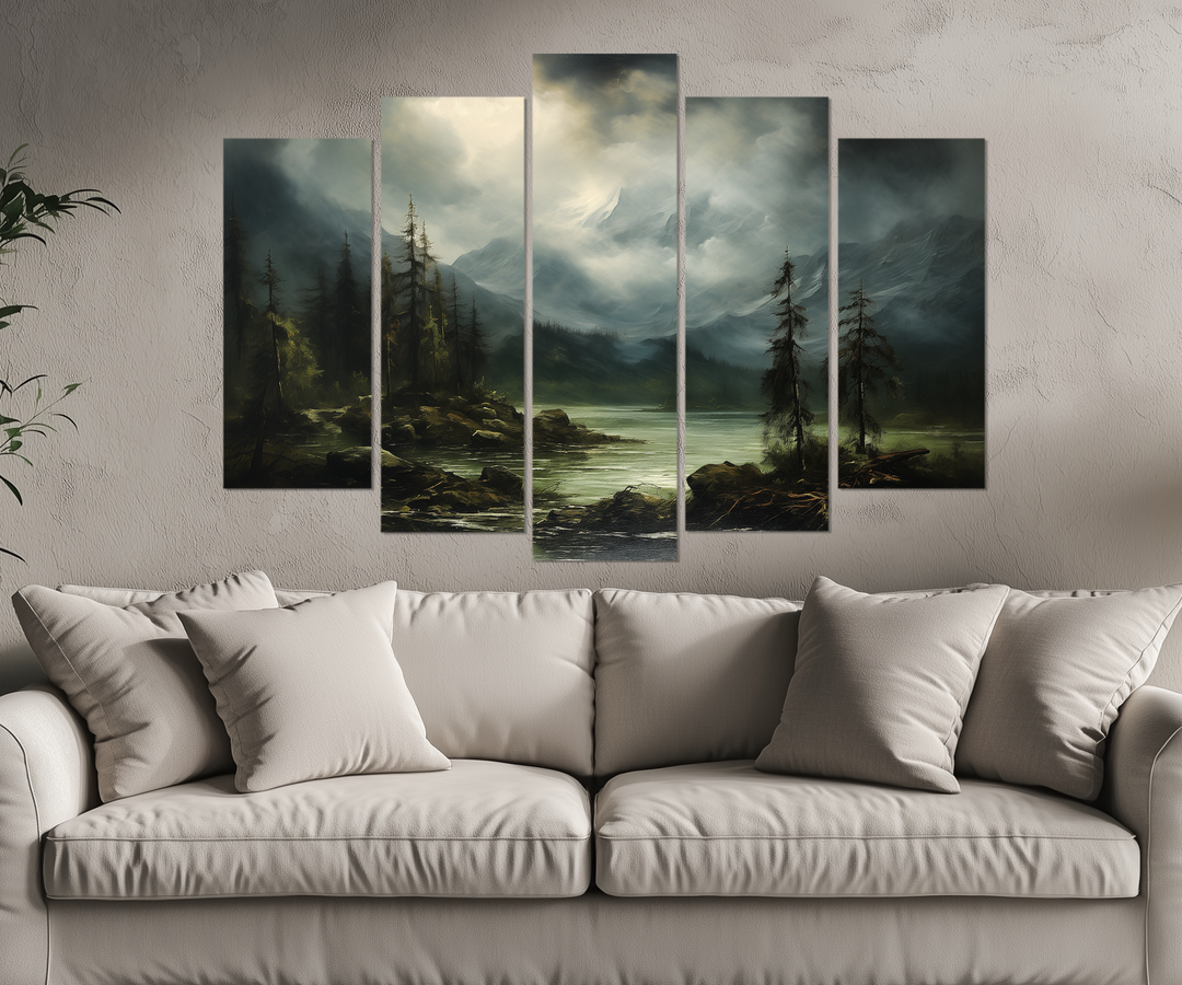 5 Piece Moody Antique Mountain River Emerald Green Landscape Multi-Panel Wall Art above beige couch