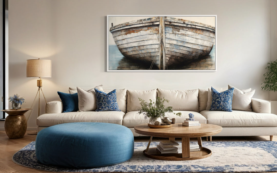 White Brown Rustic Old Boat Close Up Framed Canvas Wall Art above couch