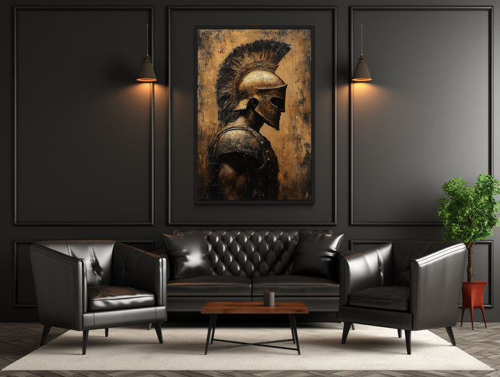 Spartan Warrior Gold Black Profile Framed Canvas Wall Art in man cave