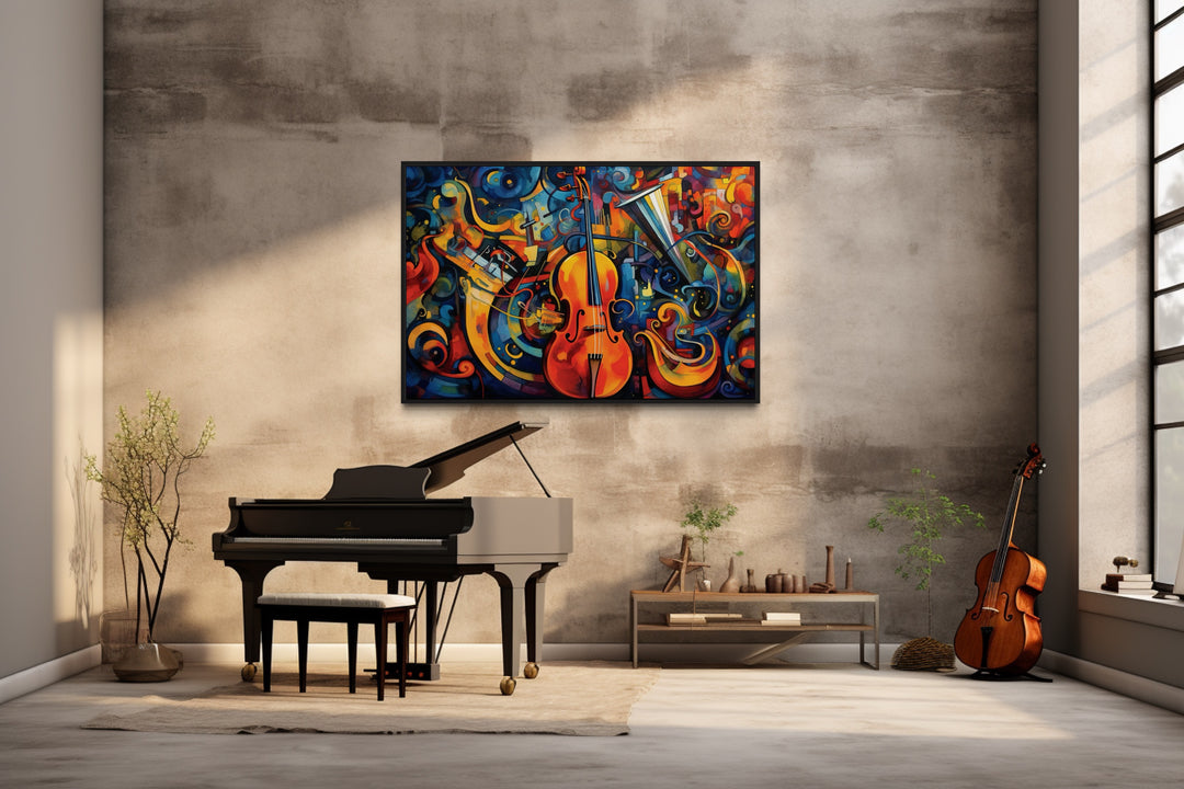 Abstract Musical Instruments Framed Canvas Wall Art in a room with a piano