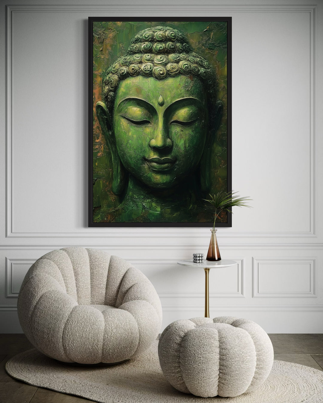 Large Green Buddha Statue Framed Canvas Wall Art in living room