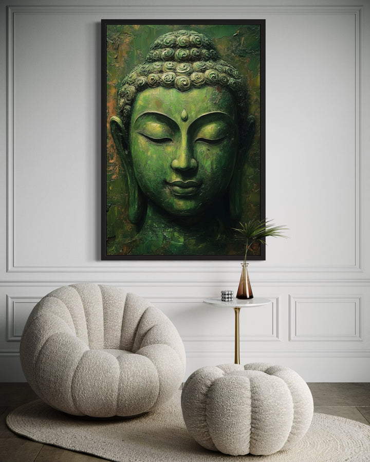 Large Green Buddha Statue Framed Canvas Wall Art in living room